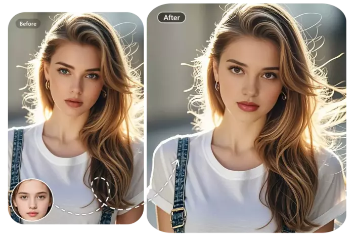 AI face swap example showing realistic photo and video results